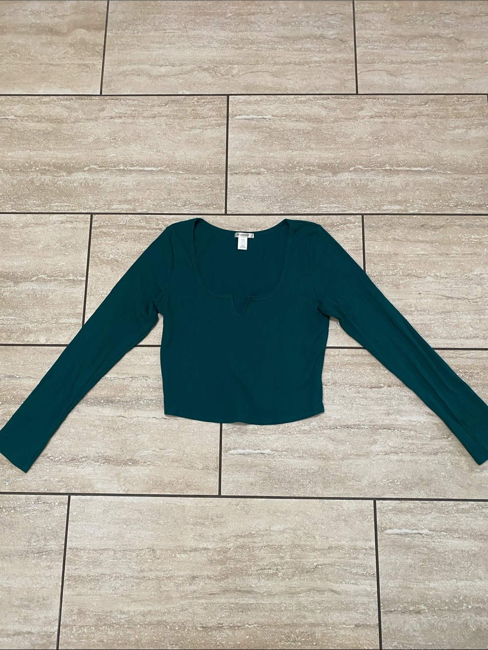 Bozzolo Deep Teal Ribbed Long Sleeve Scoop Crop Top